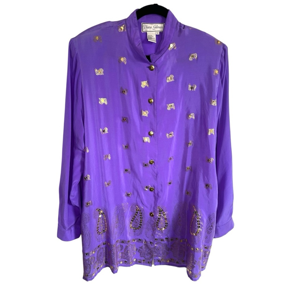 Diane Gilman 100% Silk Gold Paisley Embellished Buttoned Blouse Size 1X New